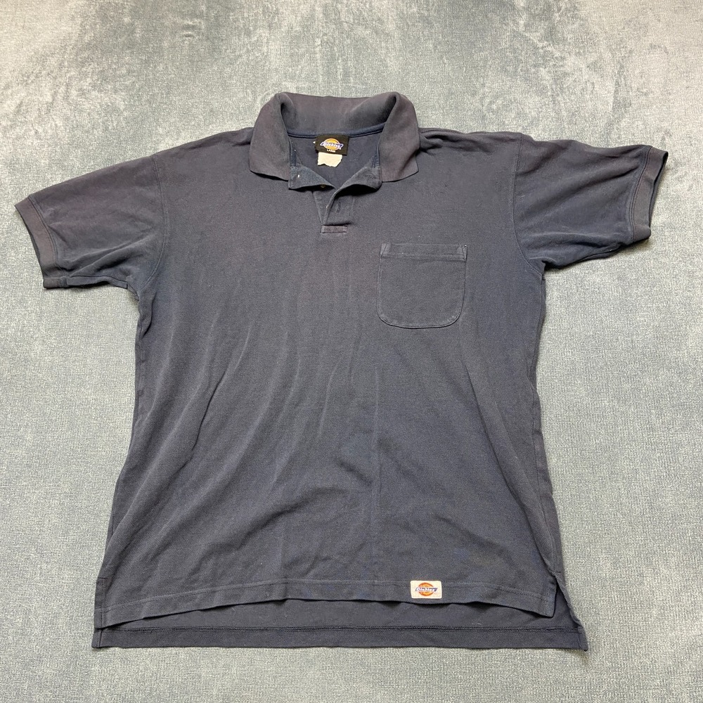 Dickies Polo Shirt Mens Large Navy Blue Chest Pockets Golf Tennis High Low Hem